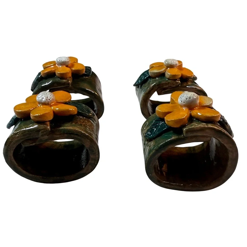Vintage Handmade Napkin Rings Cottagecore Ceramic Floral Tablescape Set of 4